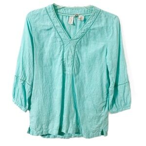 Joie 100% Linen V-neck Long Sleeve Blouse Elastic Cuffs Cutouts at Collar Sleeve